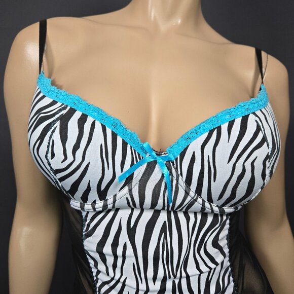 Y2K Zebra Print Lingerie slip Mini Dress With Garters 36C L Trashy Mcbling - Picture 2 of 11